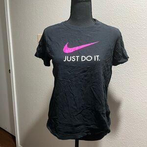 Nike Women's Black Tee with Vibrant Pink Swoosh